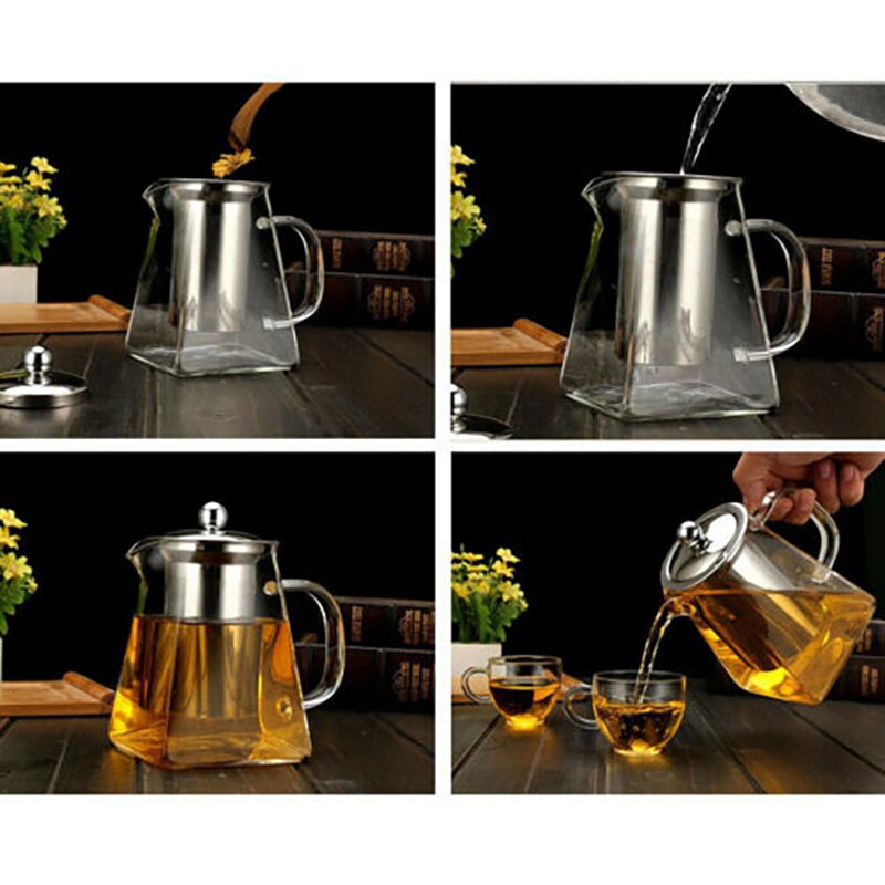 350ml 550ml Glass Square Teapot High Temperature Resistant Loose Leaf Flower Tea Coffee Pot Stainless Steel Infuser Filter