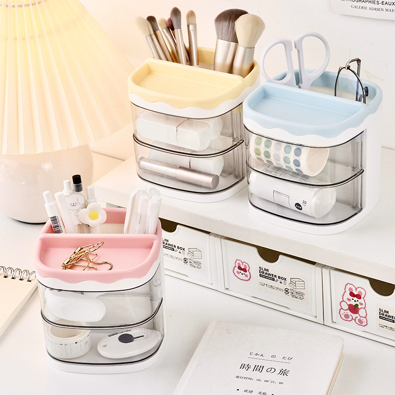 Practical Multi-Functional Desk Organizer Pen Holder Double Layers Rotating Pencils Storage Rack Student Cosmetics Storage Shelf