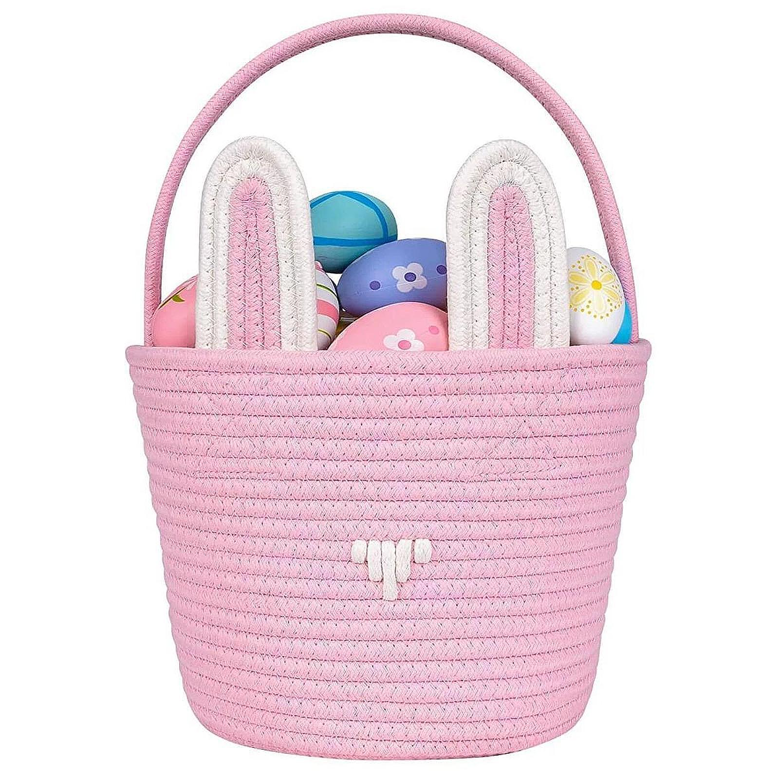 Påskeharekurv for barn, gutter og jenter, påskeegg-jaktkurv, gjenbrukbar bomullssnorkurv med kaninører, babyshower