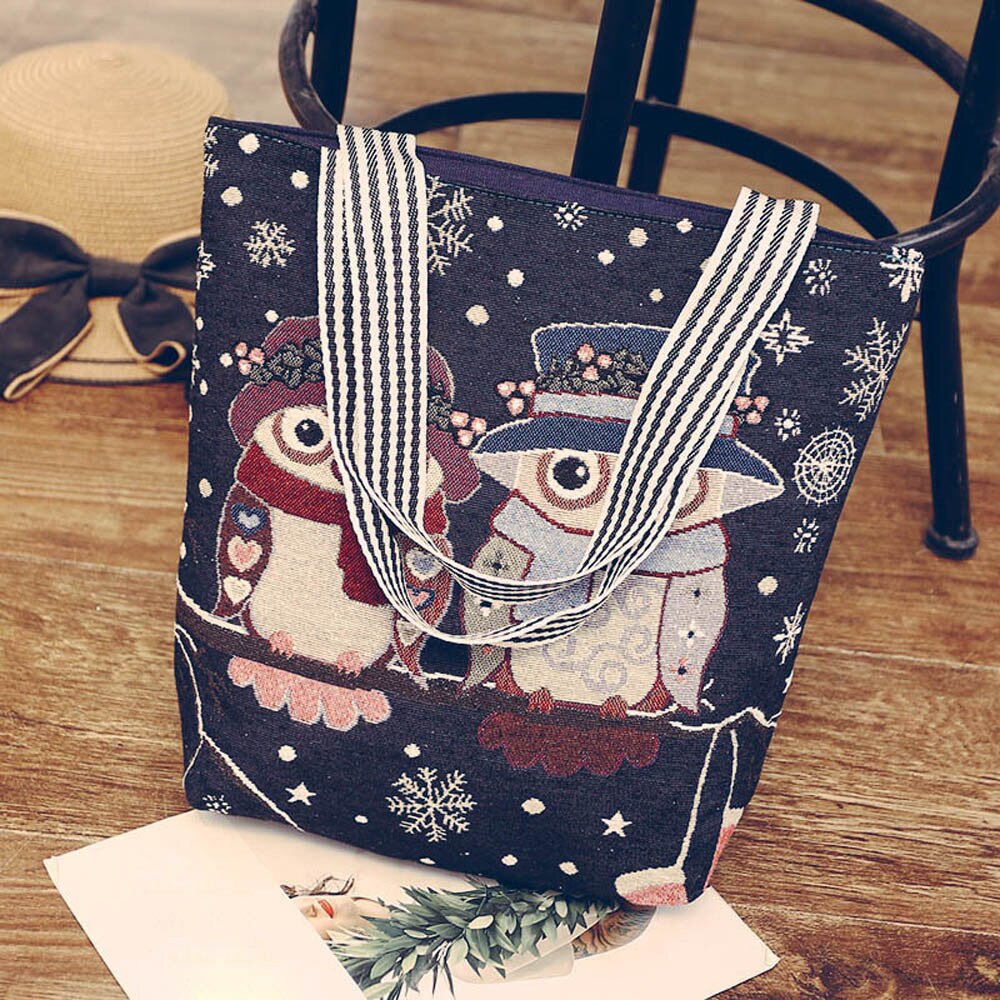 Large Capacity Canvas Cartoon Owl Satchel Tote Shoulder Bags For Women Casual Wild Handbag For Birthday bolso mujer