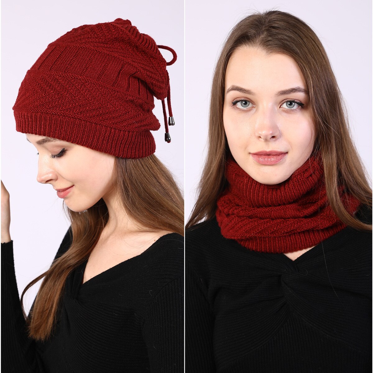 Gorro de punto elástico para mujer, bufanda de redecilla lisa, cálido, para Otoño e Invierno: Wine Red