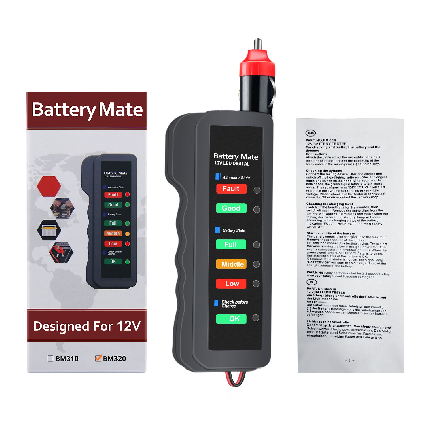 12v 24v bilbatteritester hurtigstartende tester generator 7 led lysdisplay autodiagnoseværktøj 24 volt batterianalyse: Bm320