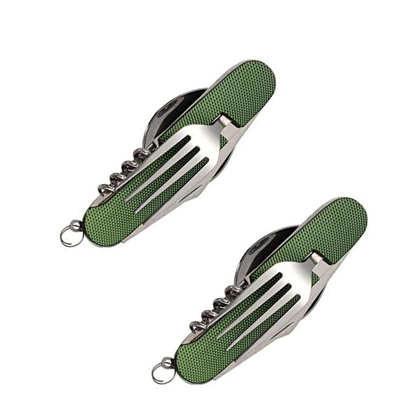 Multifunctional Foldable Pocket Stainless Steel Outdoor Camping Picnic Cutlery Knife Fork Spoon Tableware Parts: Green 2pcs