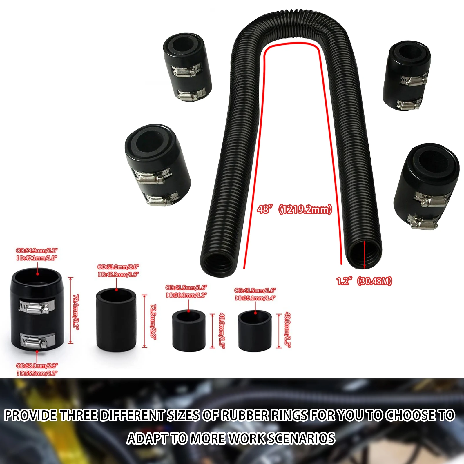 Kit de manguera de agua refrigerante flexible para radiador de acero inoxidable, Universal, negro, plateado, 48 ", con tapas