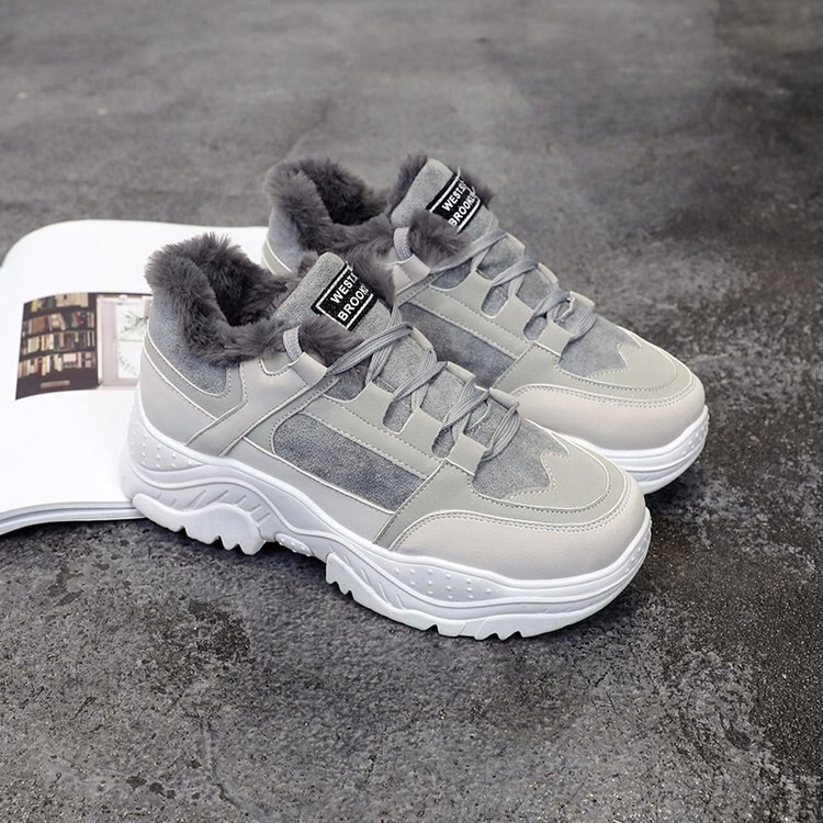 Buty Damskie 2021 zimowe ciepłe futrzane Buty sportowe grube dno trampki zasznurować platformy trampki masywny trampki Buty Damskie: szary plus bawełna / 36