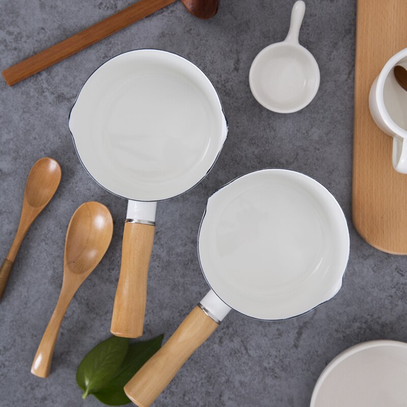 Enamel auxiliary food pot single wooden handle milk breakfast pot Japanese porcelain enameled rice soup small stew pan