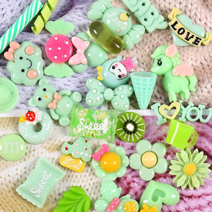 10PCS Slime Charms With Donut Candy Sugar Chocolate Cake Resin Flatback of Slime Beads for Ornament Phone Case Decoration: Mix Green 10 pieces