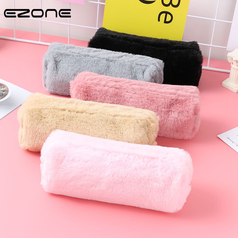 EZONE-Bolsa de pluma de peluche, estuches de lápices de colores caramelo peludos con pelo cálido de invierno con cremallera, para estudiantes, escuela y oficina