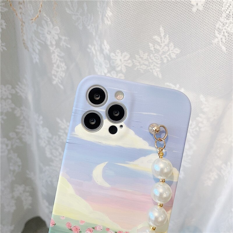Parel Rhinestone Pols Landschap Zee Bloemen Case Voor Iphone 12 11 Pro Max X Xr Xs Max 7 8plus SE2020 Beschermhoes