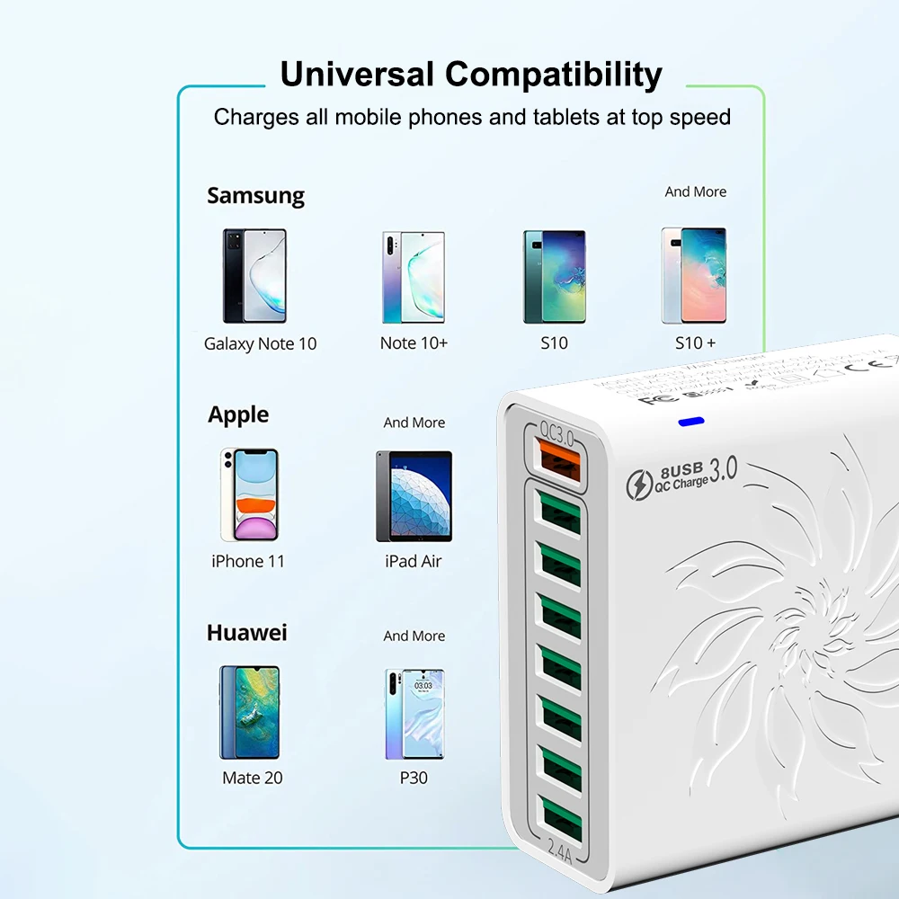 65W Huishoudelijke 8 Poorten USB-oplader met datakabel voor meerdere apparaten USB Snel opladen Muuradapter Quick Charge 3.0 Oplader