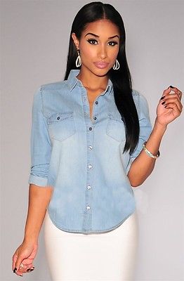 half sleeve denim shirts women solid buttons top mujer: M / light blue