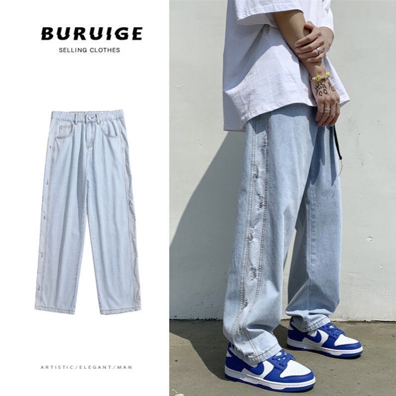 Summer Ripped Wide-leg Jeans Men's Retro Harajuku Baggy Jeans Men Streetwear Loose Hip-hop Straight Denim Trousers Mens: Blue / M