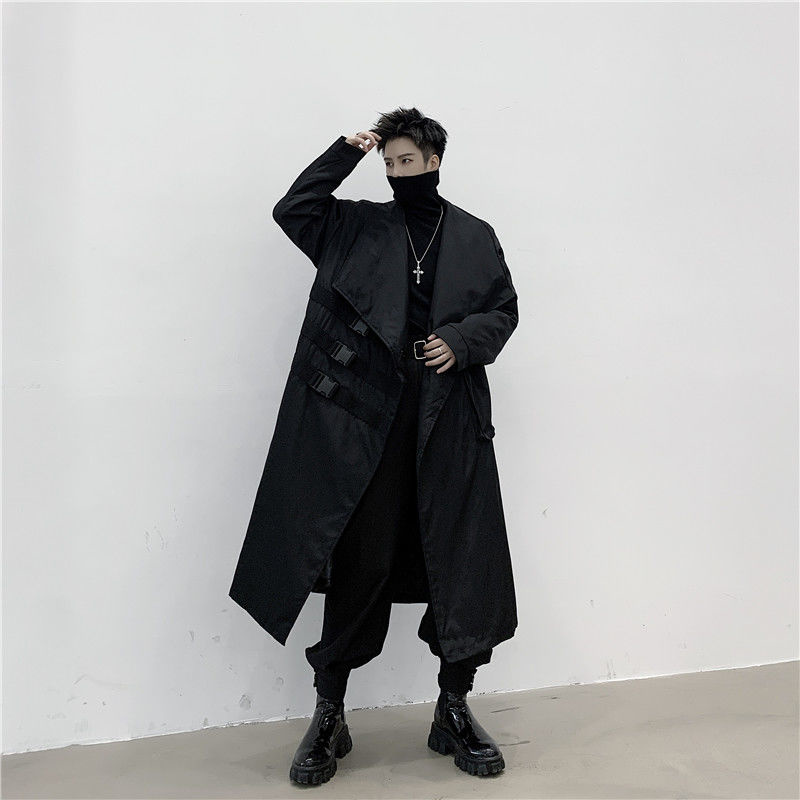 IEFB-gabardina larga negra con solapa grande para hombre, abrigo con mosquetón decorativo con bolsillos, holgado, cortavientos de gran tamaño, novedad de otoño, 9Y4708, 2022