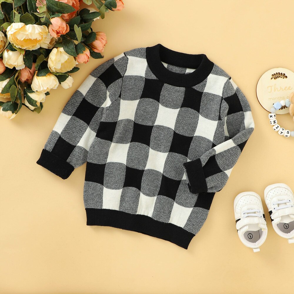 Koreańnarty dzieci niemowlę chłopiec dziewczyna sweter z dzianiny z długim rękawem wokół szyi dzianiny szczyt z dzianiny jesień zima moda pled sweter