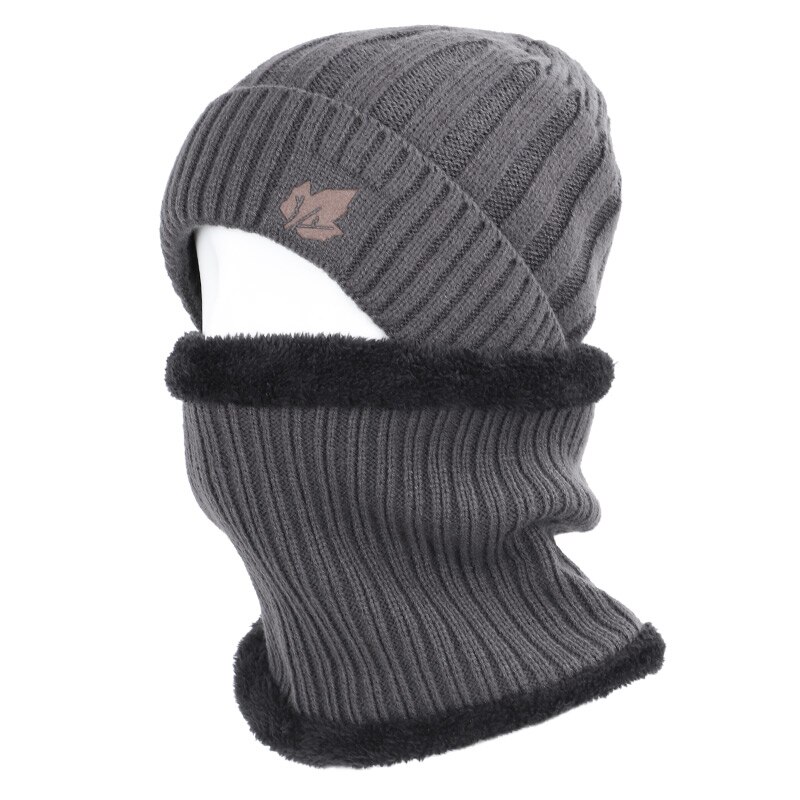 Chapeau écharpe d'hiver en feuille d'érable | Chapeau pour hommes et femmes, chapeau rayé en coton, tricot , ensemble écharpe en velours Plus bavoir épais,: Gray-1