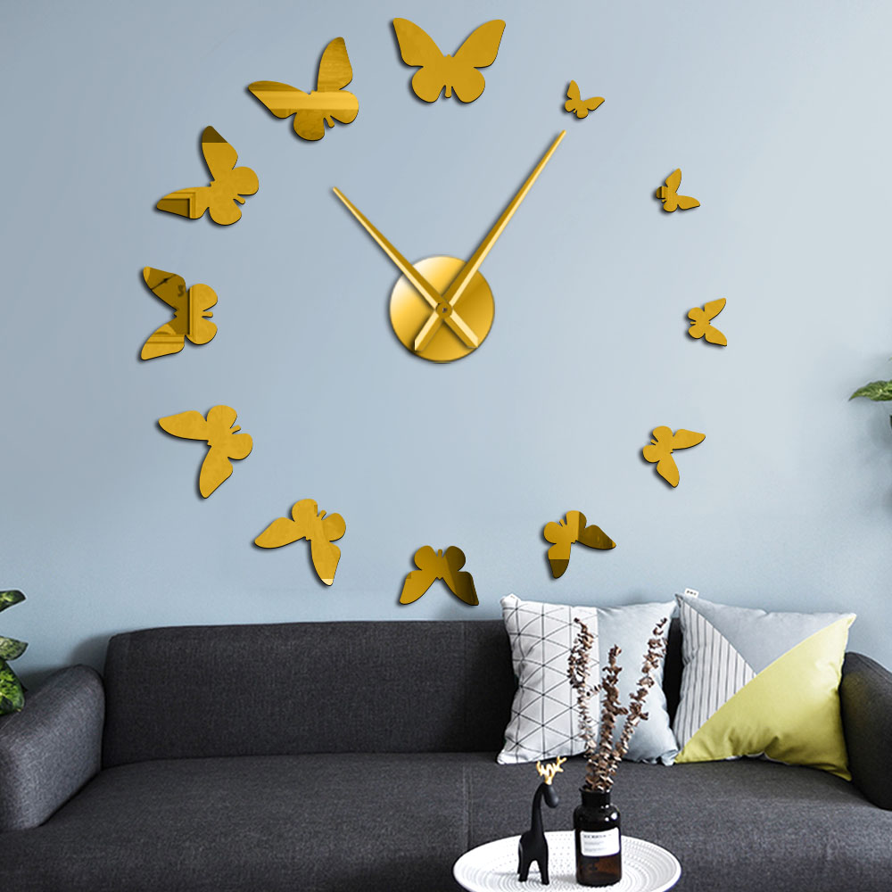 DIY Giant Wall Clock 3D Butterfly Mirror Large Numer Wall Clock Sticker Animal DIY Frameless Huge Modern Watch Decor