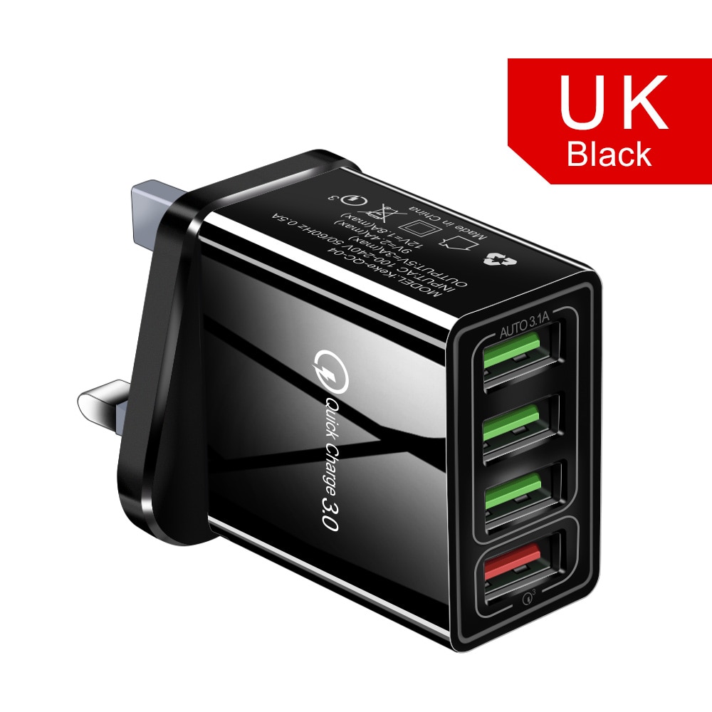 48W Quick Charger 3.0 Usb Lader Voor Samsung A50 A30 Iphone 7 8 Xiaomi Mi9 Tablet Qc 3.0 Snelle wall Charger Us Eu Uk Plug Adapte: 4 Port UK Black