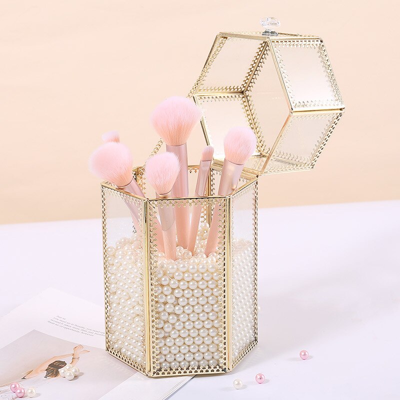 Caja de cristal para brochas de maquillaje, organizador de escritorio para joyería, Cubo de lápiz, caja de almacenamiento de cosméticos, barril de perlas, ZM827: 04 Hexagon box