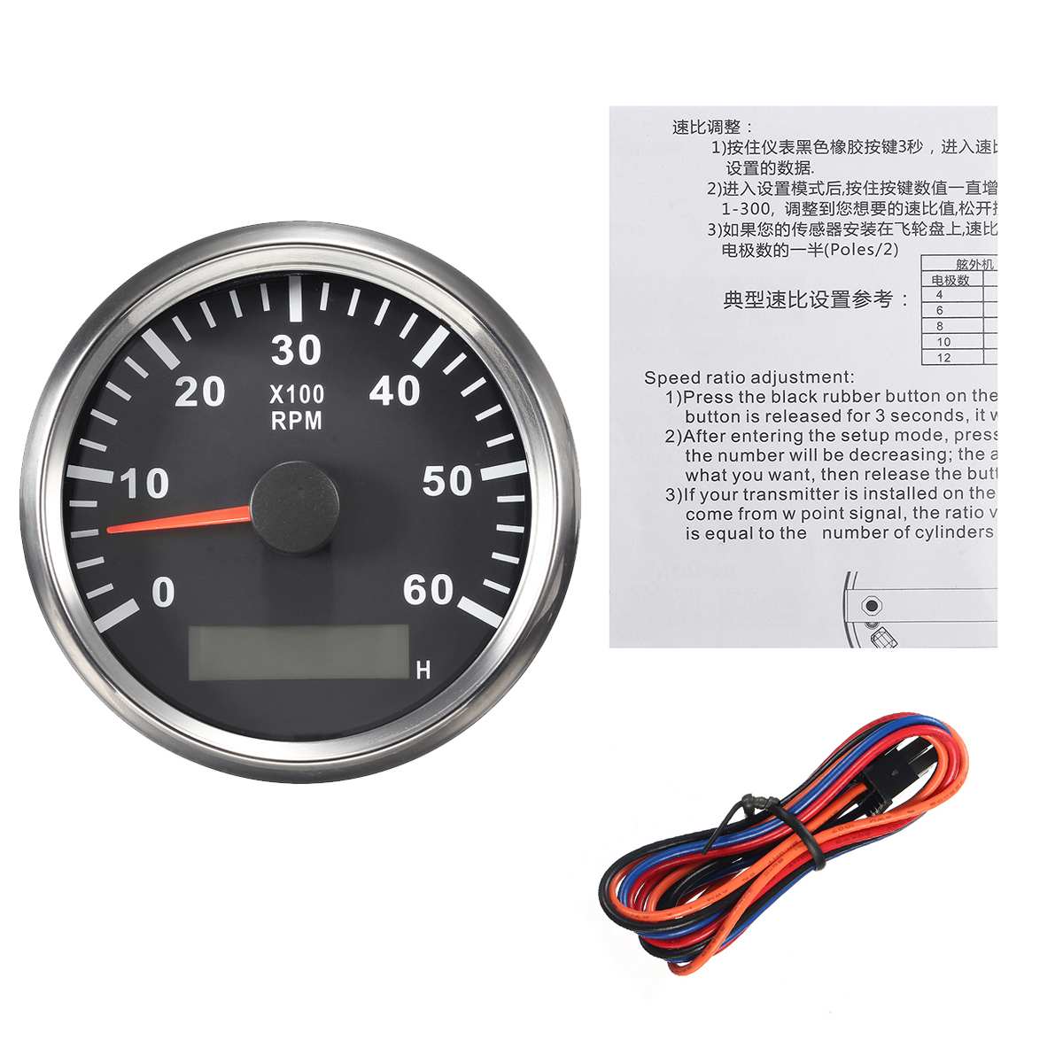 Boat Tachometer Marine Tacho Meter Gauge Hourmeter 9-32V 6000 RPM 85mm Tachometer Toerenteller Black