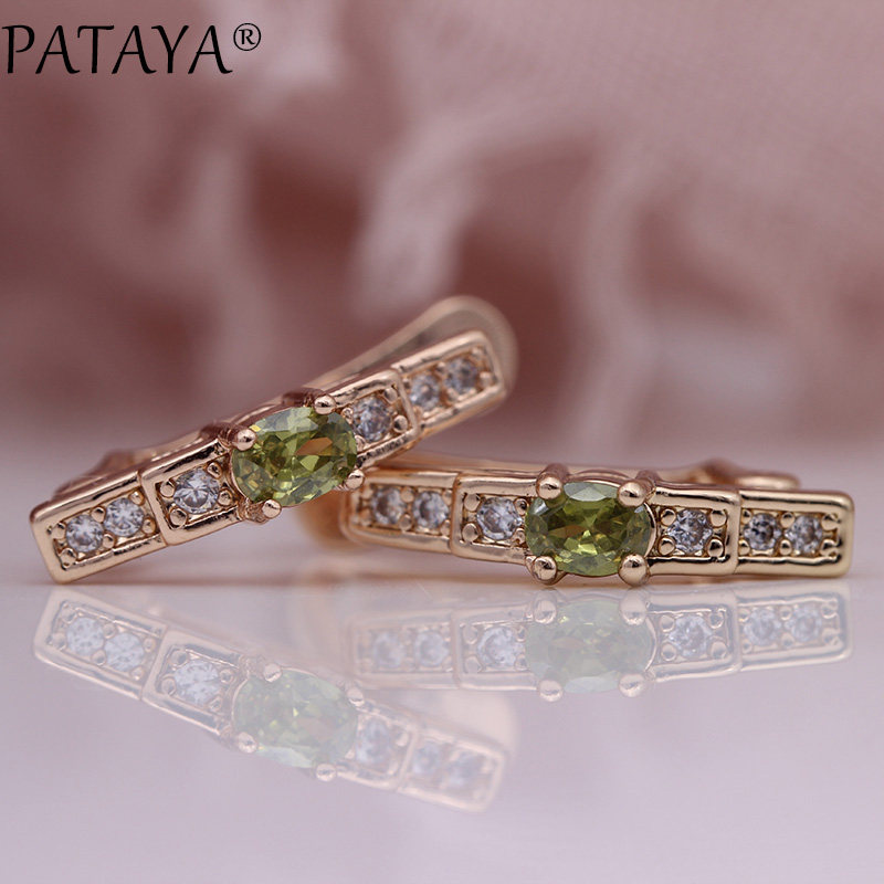 PATAYA Oval Green Earrings Women Wedding Cute Fine Jewelry 585 Rose Gold Multicolor Natural Zircon Dangle Earrings: olive green