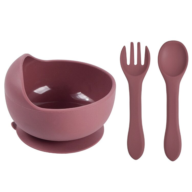 3Pcs Baby Silicone Bowl Spoon Fork Set BPA Free Non-slip Children&#39;s Suction Bowl Handle Silicone Set Food Grade Tableware: Y16