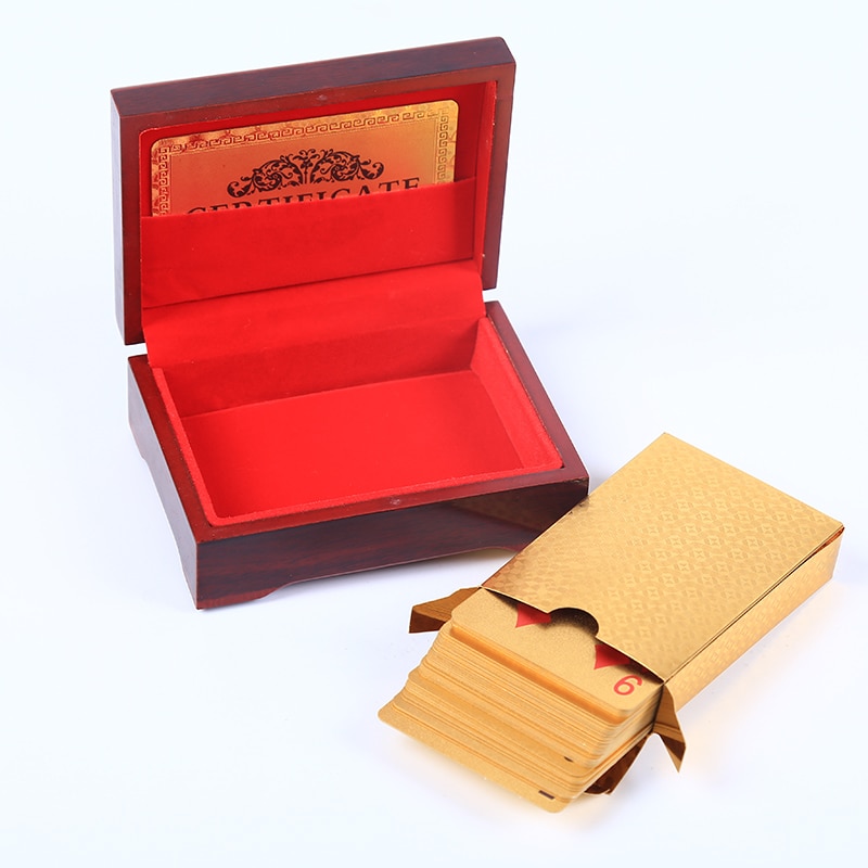24K Gold Foil Plated Table Game Grid Pattern Playing Cards With Nice Wood Box