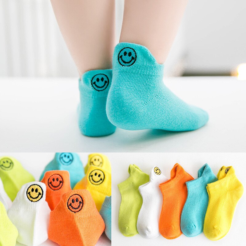 5 paires/lot dessin animé sourire broder multicolore maille coton été printemps -né garçon enfants chaussettes bébé filles chaussettes respirantes