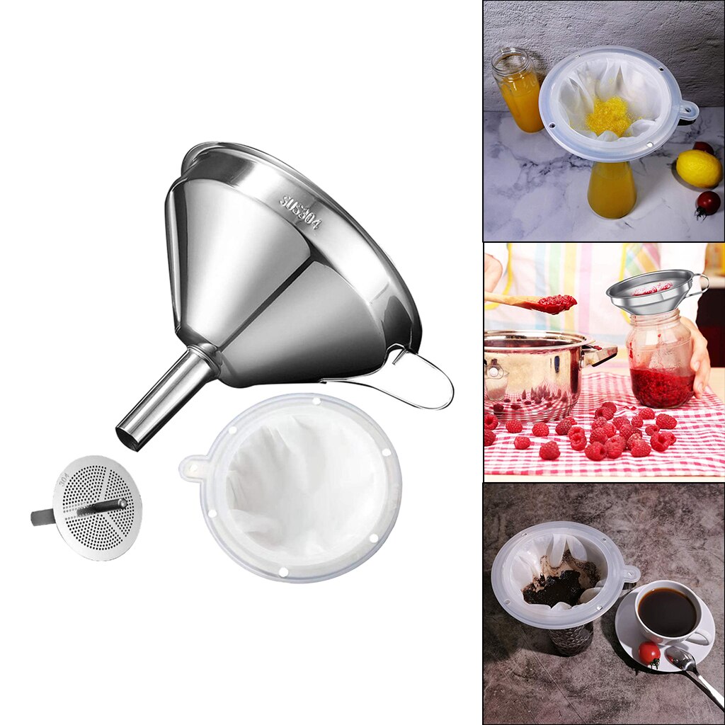 Food Grade Stainless Steel Kitchen Funnel with Strainer Filter Multi-use Transferring Liquid, Fluid, Cooking Oils, Jam & Powder