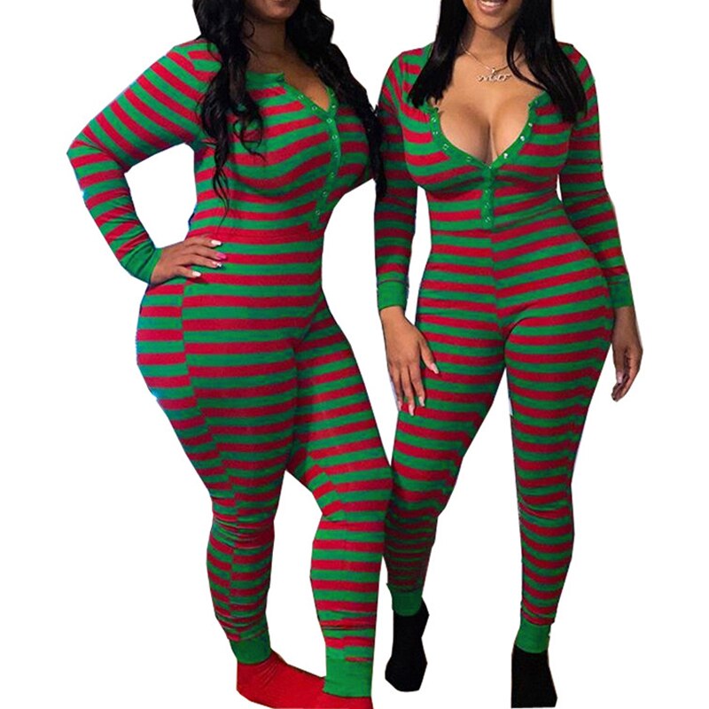 Femmes noël survêtement pyjamas combinaison automne hiver rayé moulante barboteuse maison une pièce femmes vêtements de nuit vêtements de nuit: B / L