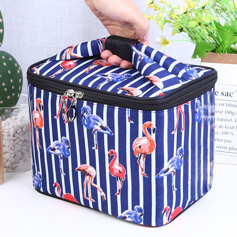 Kvinder flamingo striber kosmetiske taske sager store til rejser nessecer toilettasker toilet arrangør skønhed makeup kuffert: Blå