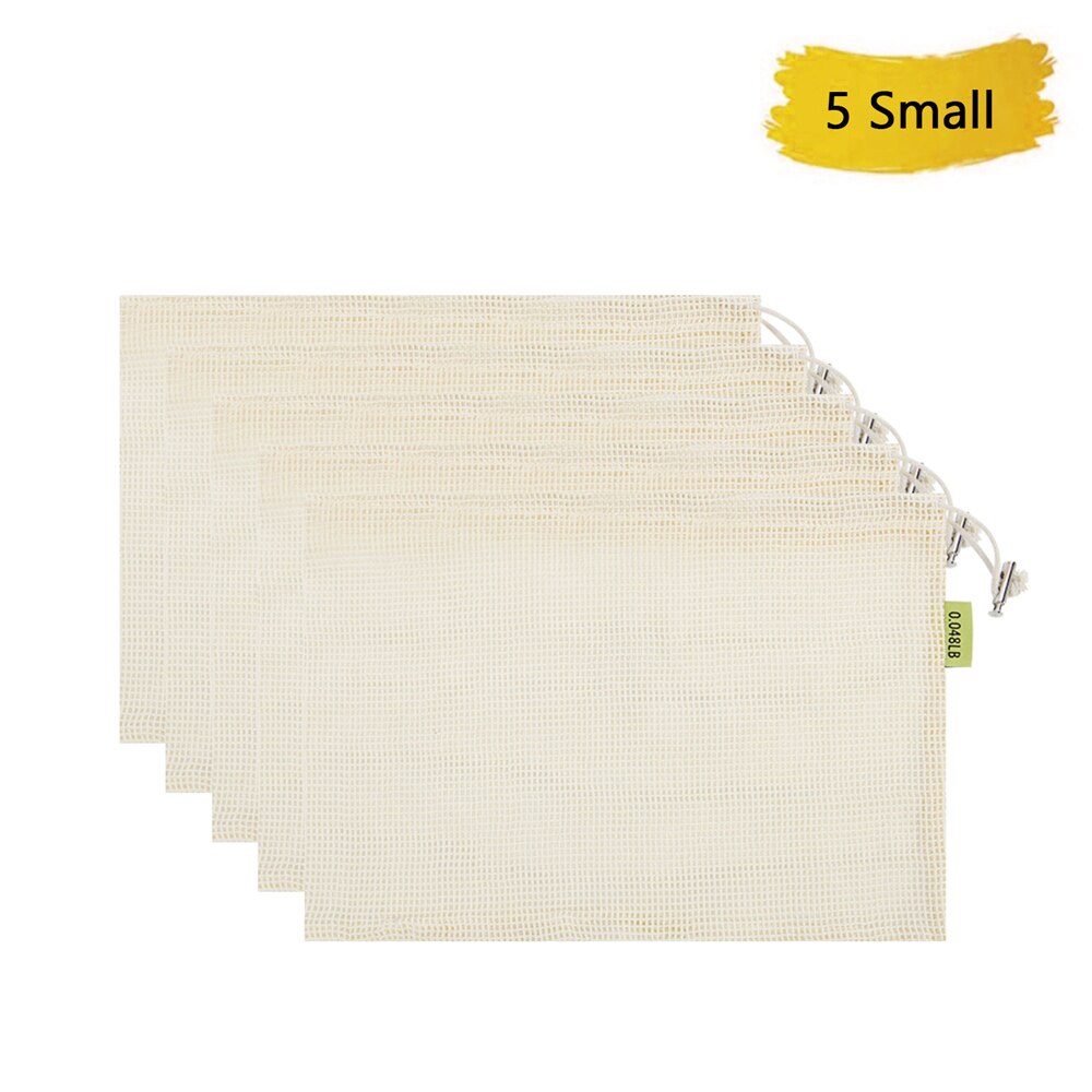 Biologisch katoenen netzak, herbruikbare netzakken voor groenten en fruit, milieuvriendelijke groente- en fruitboodschappentas met trekkoord: 5 kleine