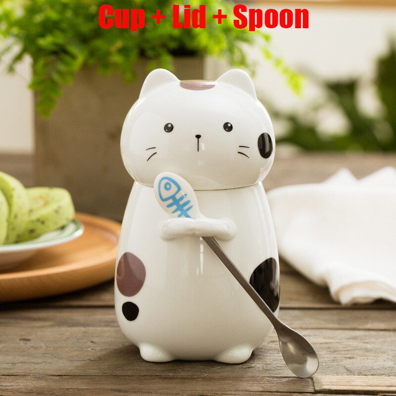 Super Cute Three-dimensional Animal Cat Cute Ceramic Water Cup Couple Large-capacity Mug with Lid Coffee Cup: D