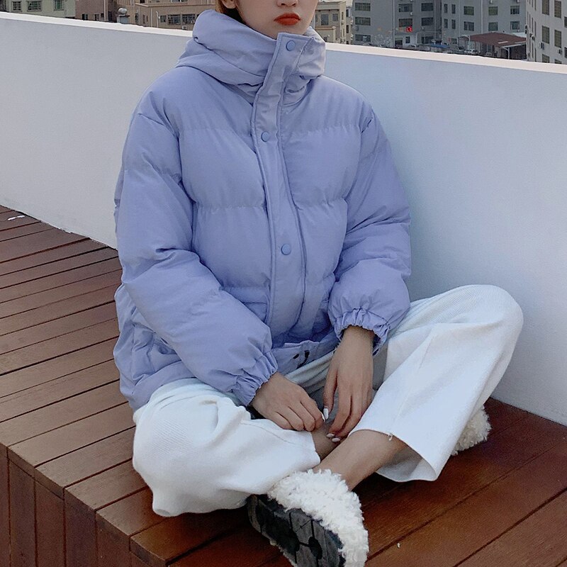 Warme winterjas dames zwarte parka zoete preppy stijl dikke losse korte katoenen gewatteerde jassen dames herfstjas: Blauw / M