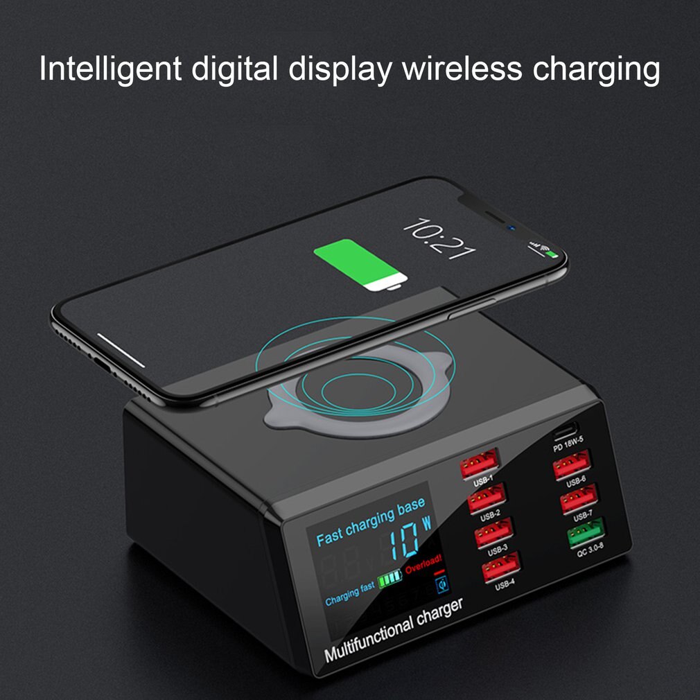 100W Pd Qc 3.0 Quick Charger 8 Poorten Smart Usb Digitale Display Opladen Dock Station Qi Draadloze Fast Charger voor Iphone Samsung