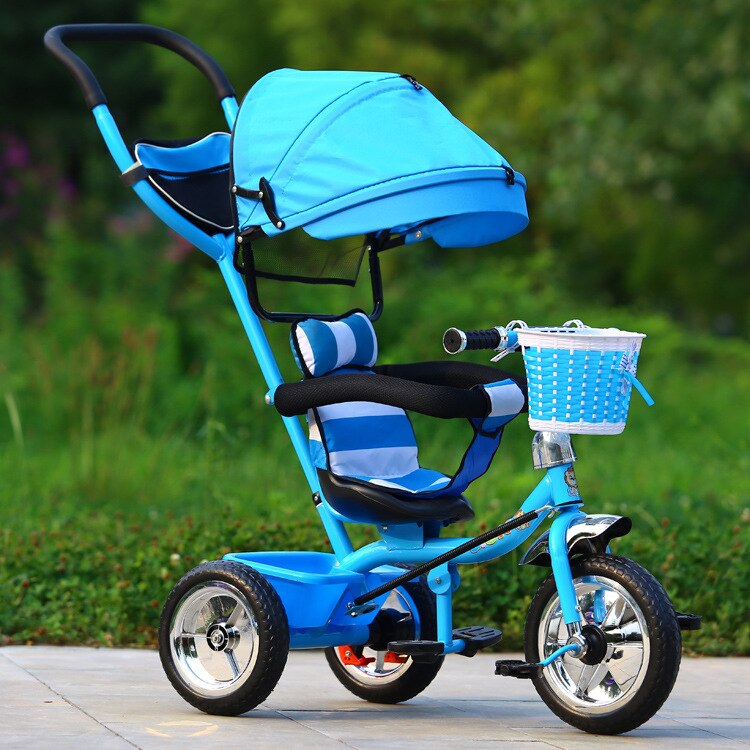 Three Wheel Baby Stroller Children's Tricycle Child Trike Push Rod Adjustable Bicycle Umbrella Cart 18M-6Y: blue