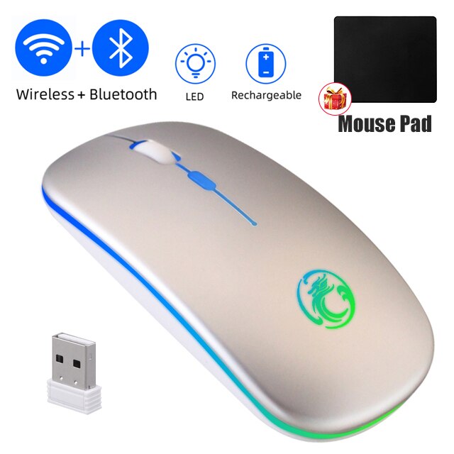 RGB Light Bluetooth Wireless Mouse Silent Rechargeable For Android PC Computer Macbook iPad Backlit Mice Laptop Accessories: Bluetooth White