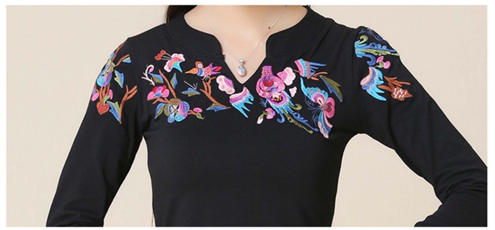 Mujer pulóver mujer Otoño Invierno estilo mexicano étnico manga larga cuello pico negro blusa camisa blusa bordada