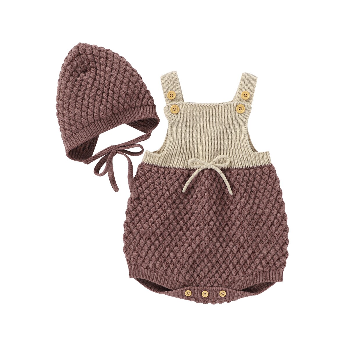 Focusnorm 0-24M Nieuw Baby Meisjes Jongens Rompertjes Hoeden Knit Patchwork Mouwloze Jumpsuits Trui 4 Kleuren: Bruin / 24M