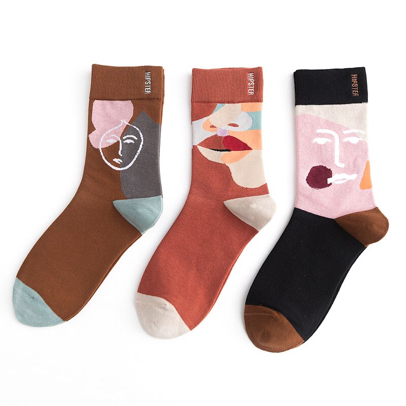 Unisex Oil Painting Style Women Socks 100 Cotton Harajuku Colorful Mid Socks Women 1 Pair Size 35-43 Christmas