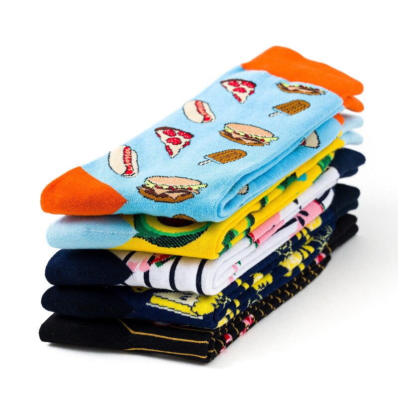 Funny Happy Socks Men Socks Cartoon Gourmet Burger Pizza Fruit Print Socks Cotton Socks Women Couple Soks 5 Pairs/set