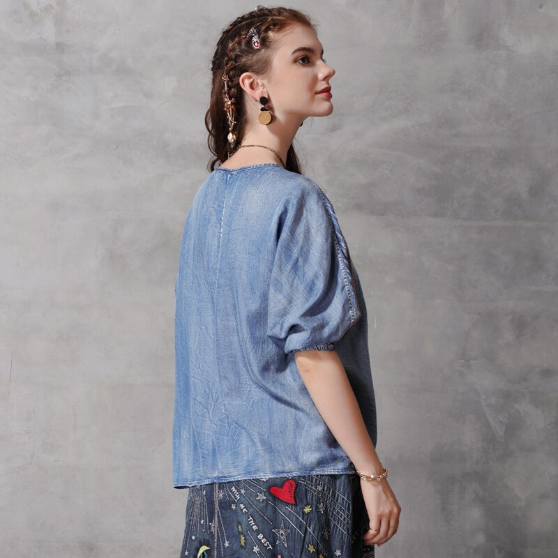 Chemisier femmes Yuzi. may Boho Denim femmes Blouses col rond lanterne manches Vintage broderie Blusas Femininas B9281 Blusa