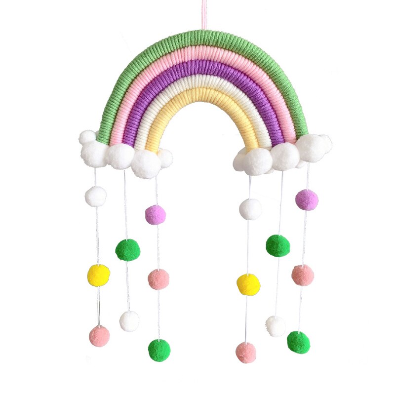 Färgglad regnbåge macrame vägghängande dekoration bomull tofs barnrum inredning boho barnkammare studenthem vävd pom pom boll prydnad: 06