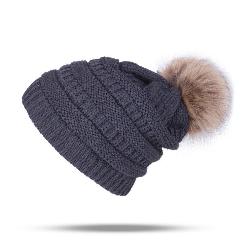 Pompons bal muts dames mutsen gebreide winter muts katoenen winter mutsen dames warme muts mutsen skullies gorras: Donkergrijs