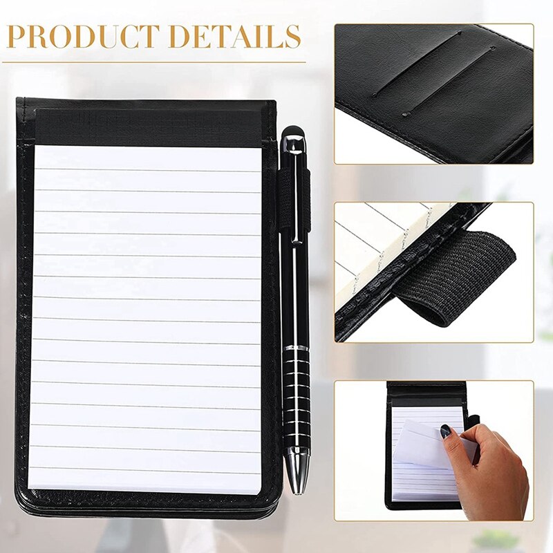 2 Pcs Black Mini Pocket Notepad Pu Business Notebook Notepad Multi-Function Notebook with Pen with 50 Lined Sheets