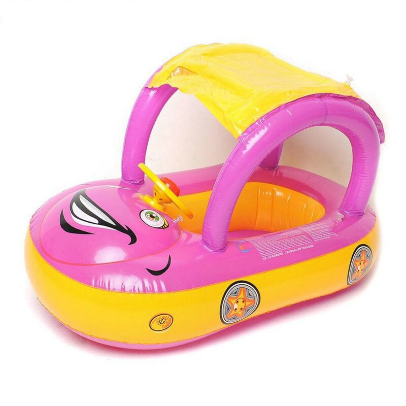 Baby Swim Ring Sunshade Steering Wheel Safe Floating Summer Kids Seat Inflatable Swimming Boat Toys Water Pool Tube PVC: Pink