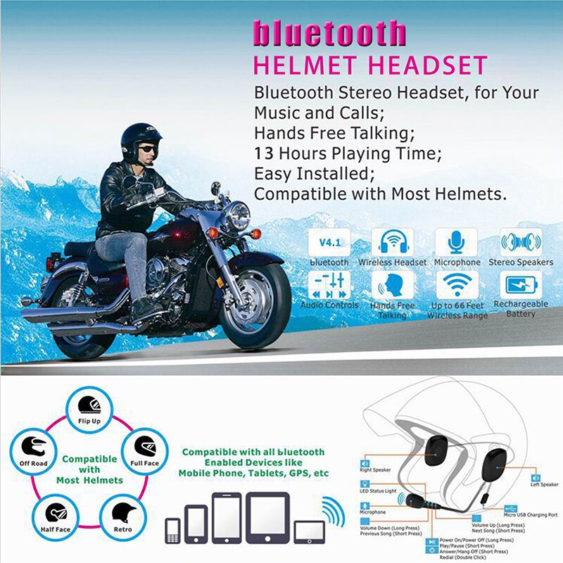 50m vanntett moto bluetooth trådløs anti-interferens hjelm headset håndfri bluetooth  v4.2 intercom til motorsykkel