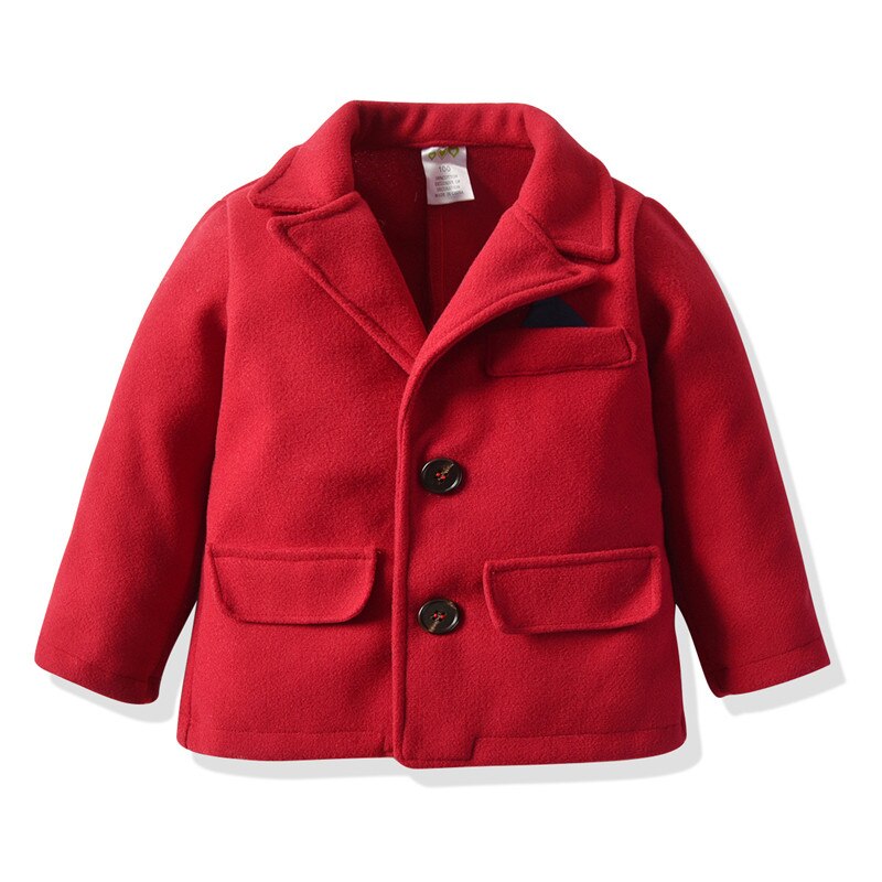 Baby dreng gentleman efterår vinter varm uldfrakke outfit v-hals solid rød farve langærmet knap topjakke outwear med lomme: 2t