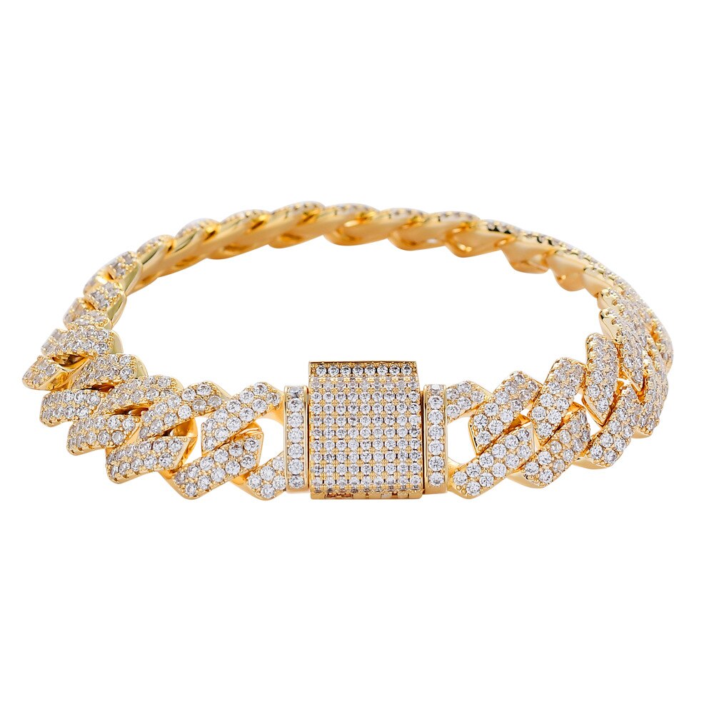13Mm Wide Hip Hop Aaa Cz Steen Verharde Bling Iced Out Vierkante Cubaanse Miami Link Chain Armbanden Bangles Voor mannen Rapper Sieraden Goud: Gold / 7inch
