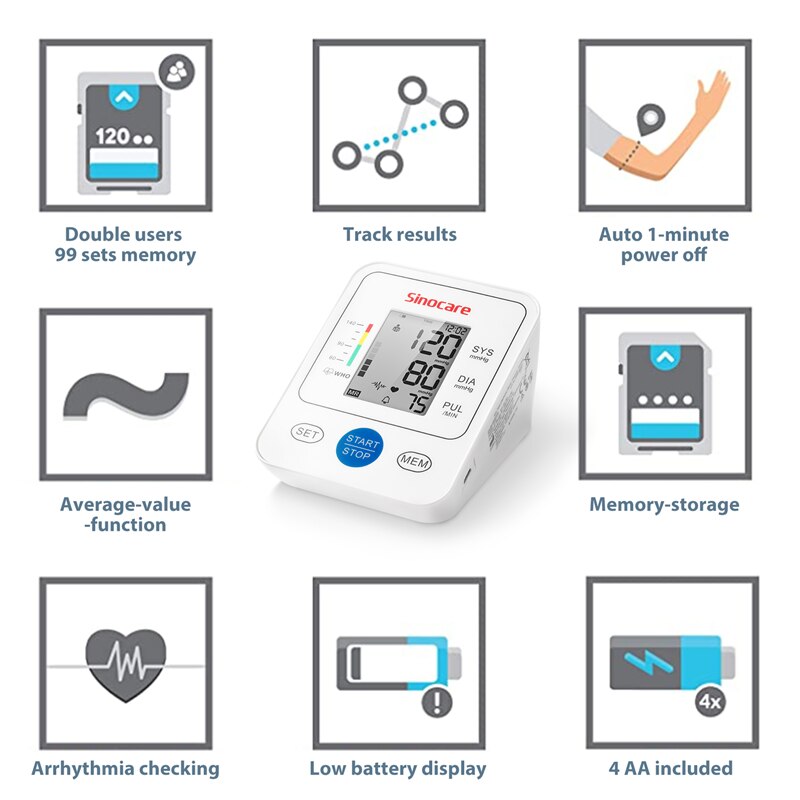 Sinocare-monitor de presión arterial, tensiómetro para la parte superior del brazo, máquina de presión arterial Digital automática, monitor de frecuencia cardíaca y pulso