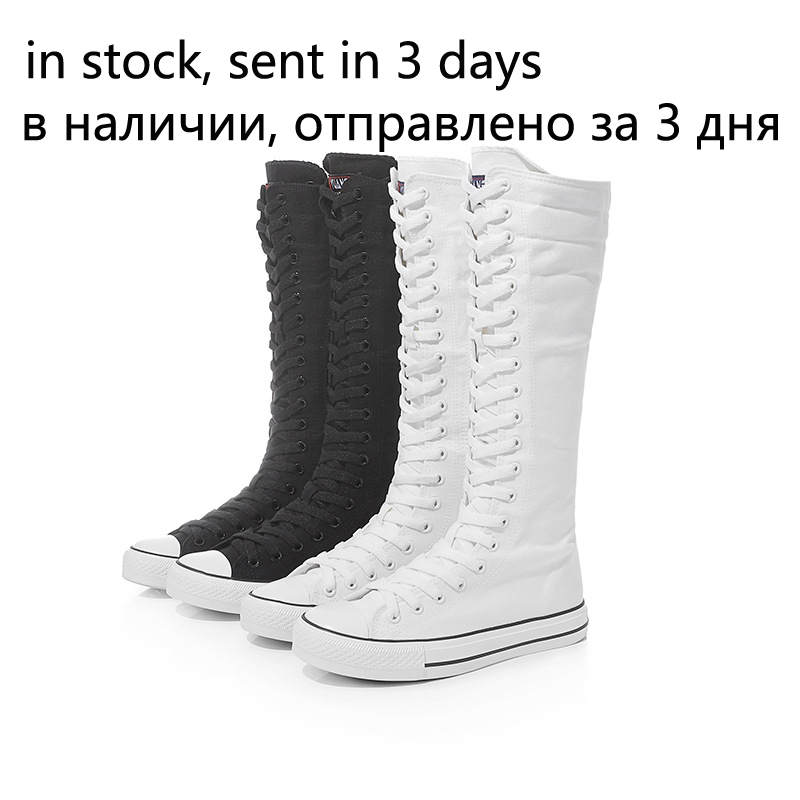 2021 nye forår efterår kvinder sko canvas afslappet høj top sko lange støvler snøre lynlås komfortable flade støvler sneakers